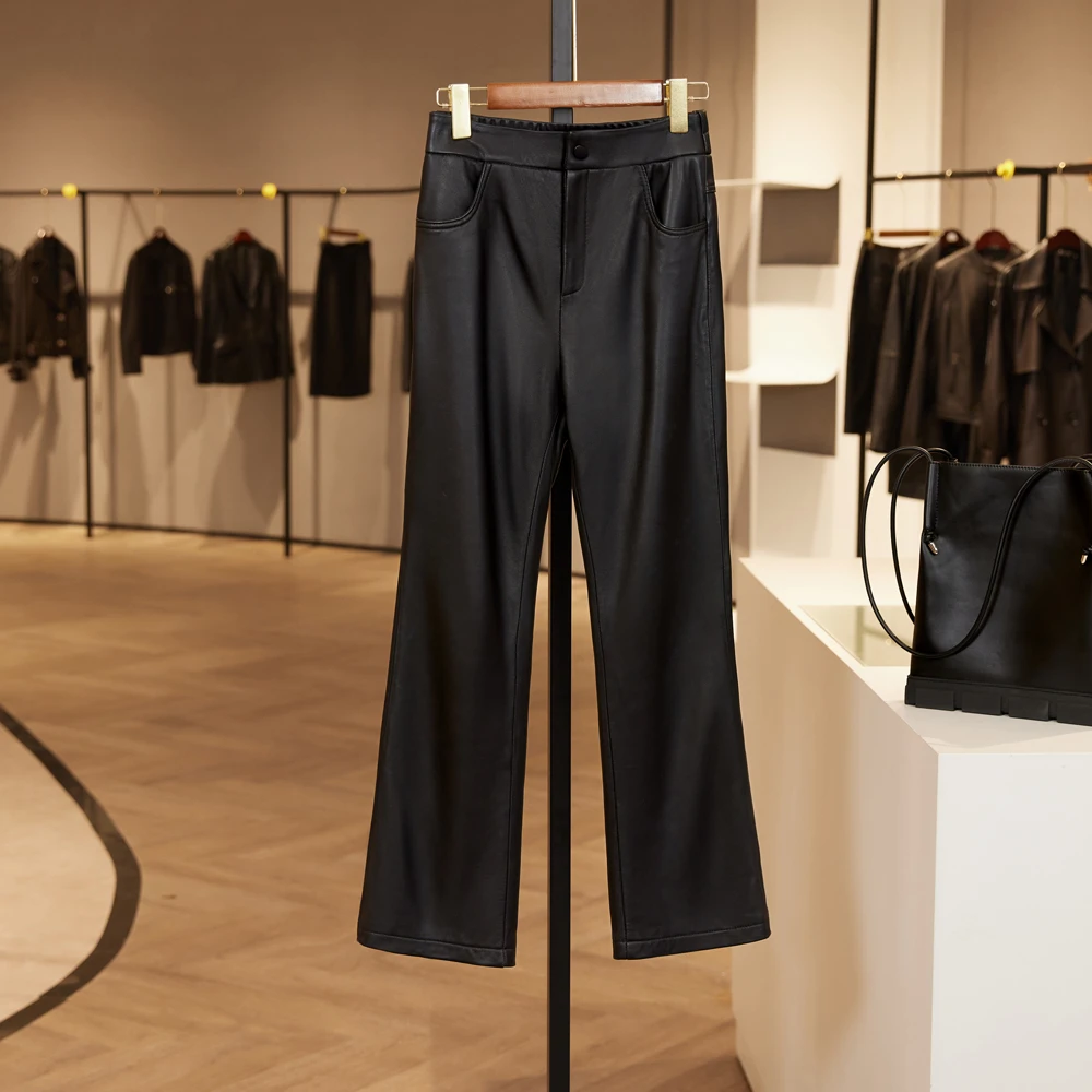 【纯皮皮裤女】2025春季新款羊纹皮微喇叭裤百搭高腰松紧显瘦小脚裤