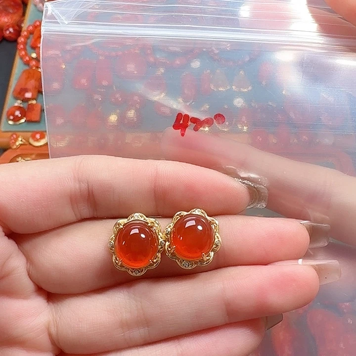 南红玛瑙银S925镶嵌耳饰