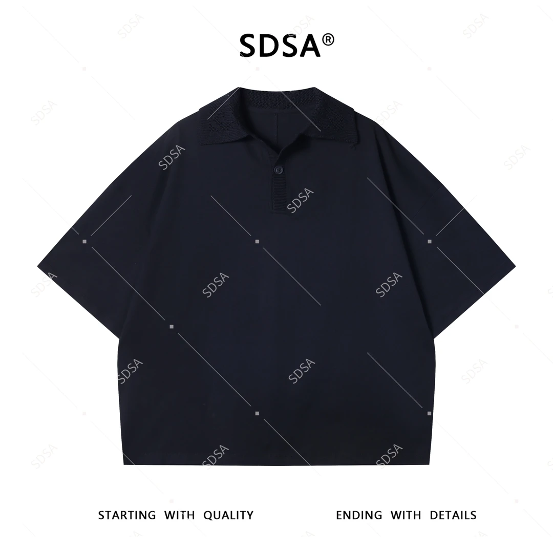 夏季高级感新款男士简约纯色拼接针织纽扣polo领短袖T恤百搭时尚