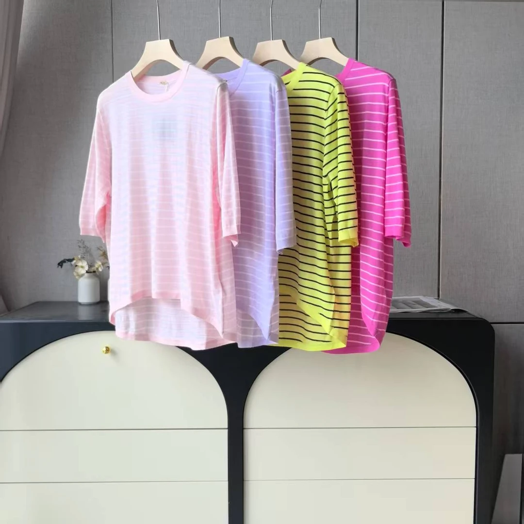 木子家 I  27030【扬子纱宽松细条纹】精纺羊毛~前短后长短袖J