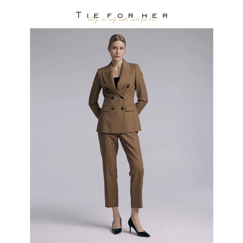 TieForHer 卡其色修身版型职场气质通勤西装九分裤套装
