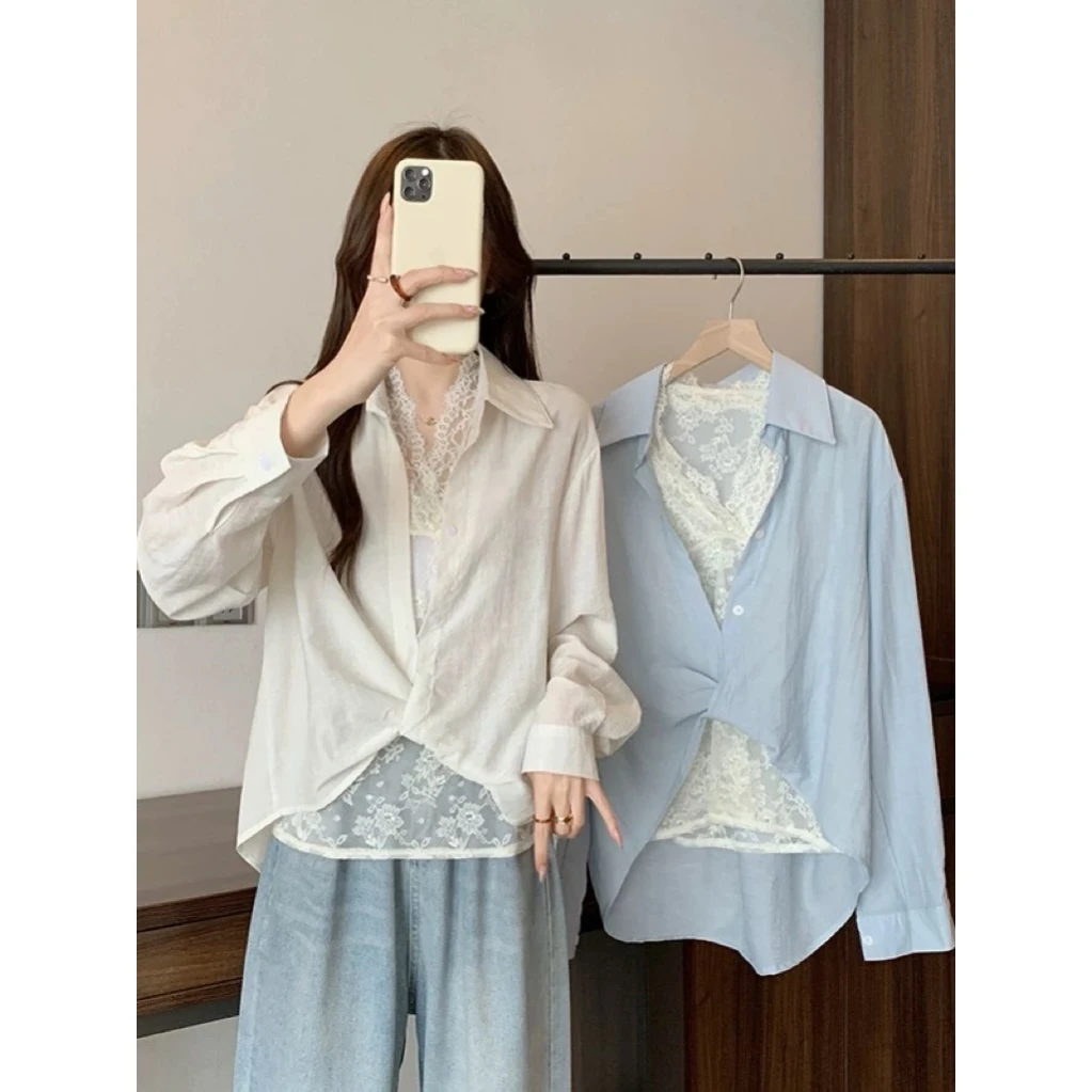 春季新款 蕾丝内搭+宽松衬衣两件套7108