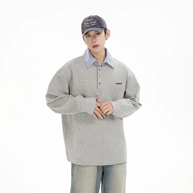 美式潮牌小众设计条纹翻领拼接假两件POLO衫男女秋季潮流百搭衬衣