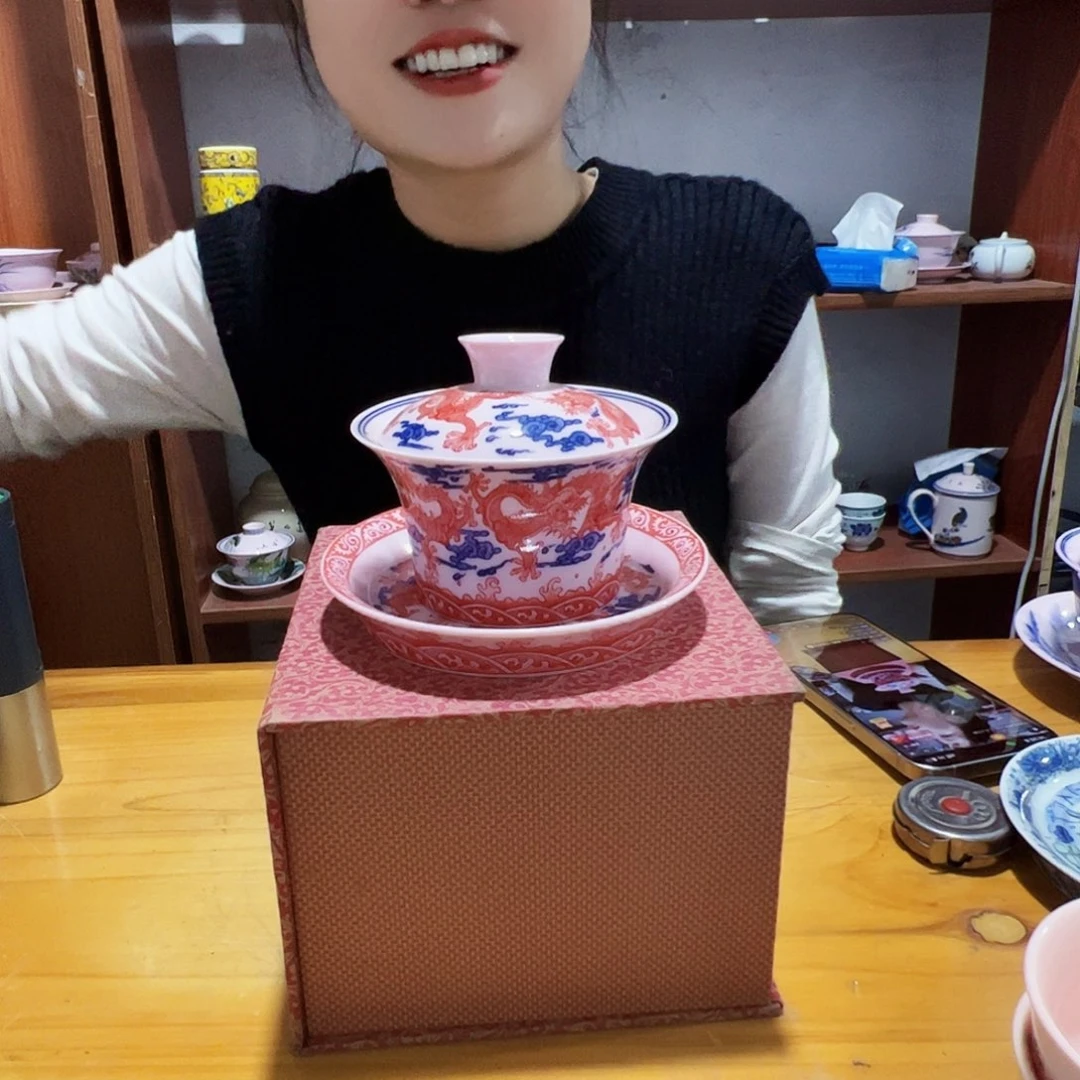 摆件瓷景德镇陶瓷红xixi龙盖碗