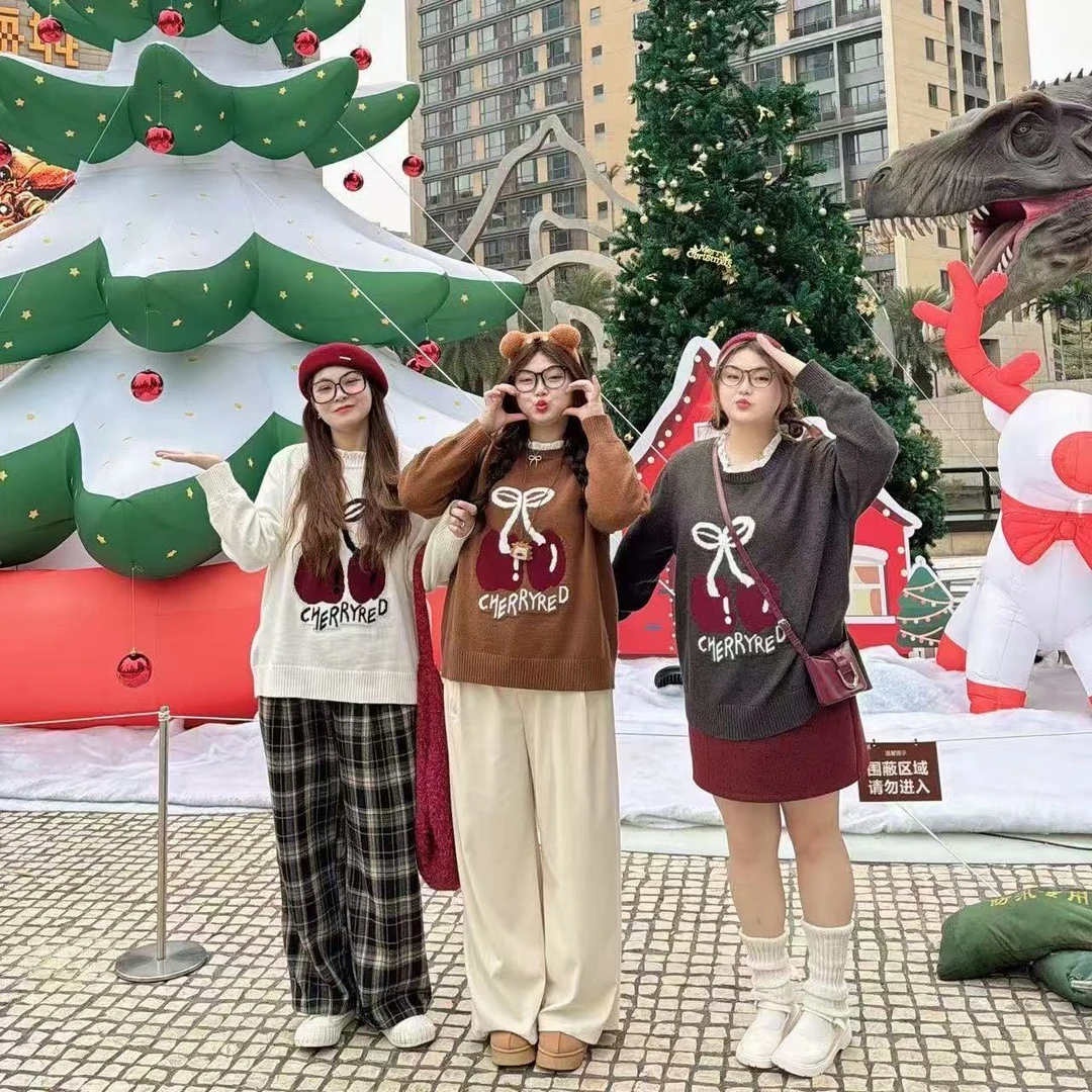 7002大码女装慵懒假两件樱桃提花毛衣女木耳边宽松百搭针织衫上衣