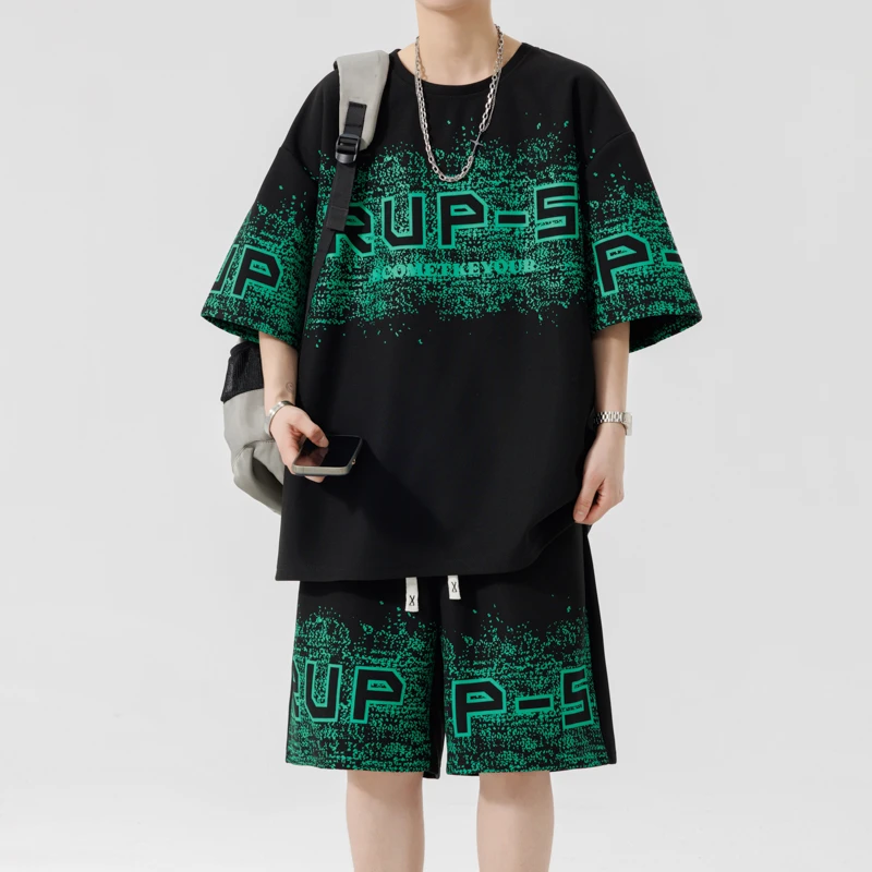 大码圆领短袖休闲时尚印花套装男士夏季宽松潮流ins国潮港风半袖