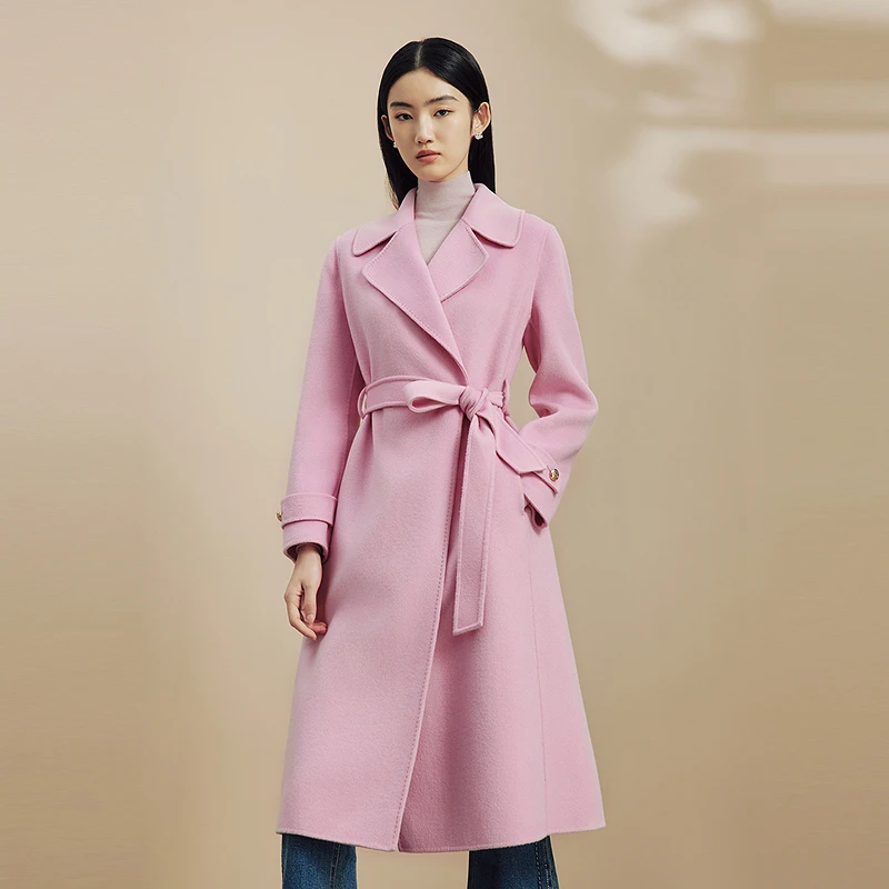 【专柜同款】气质双面呢浴袍款修身显瘦冬季长大衣淡粉色