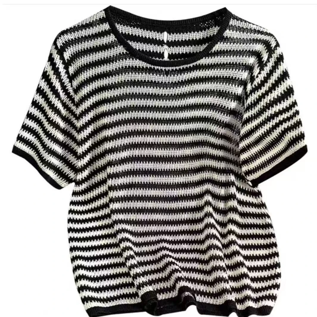 条纹背扣/经典条纹时尚百搭设计感镂空气质短袖60203