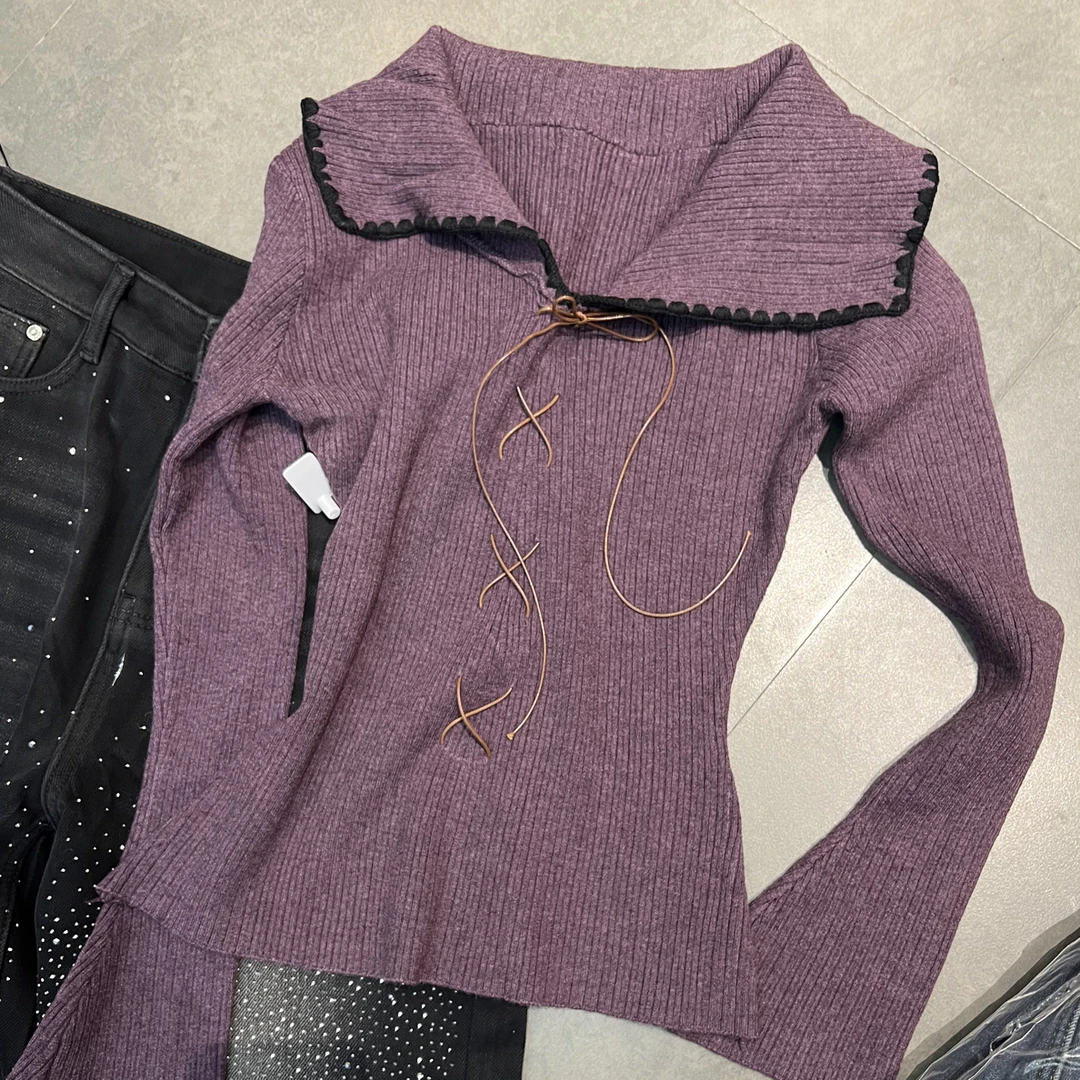 (城城力推)女秋冬新款针织显瘦百搭短款小翻领