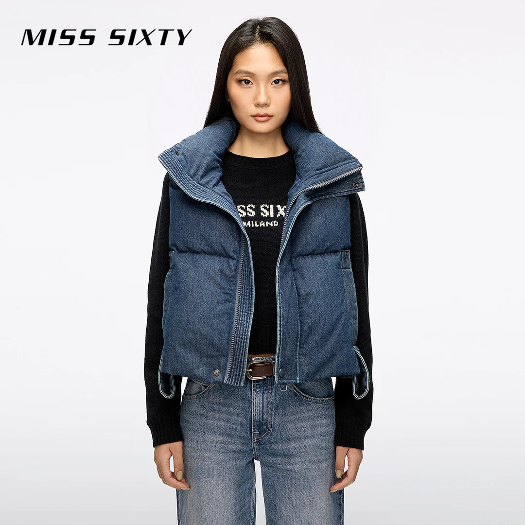 Miss Sixty2025冬季新款牛仔羽绒马甲女90鸭绒立领宽松短款复古