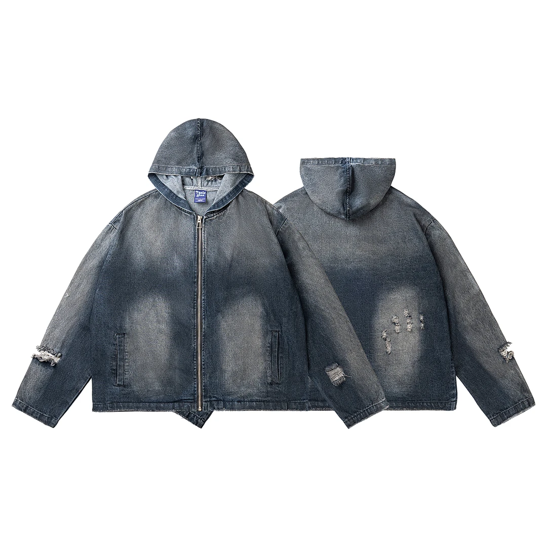 【年底大清清 NO退】复古做旧连帽牛仔外套渐变连帽牛仔破洞上衣