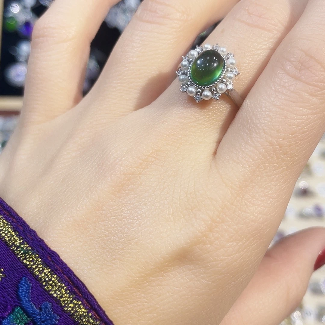 蛇纹石玉银S925镶嵌戒指戒指