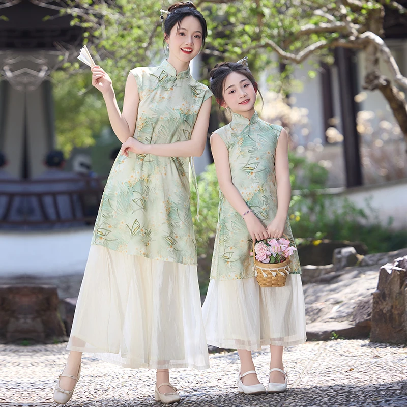 女童绿色新中式旗袍裙2025新款国风洋气改良亲子装母女连衣裙高级
