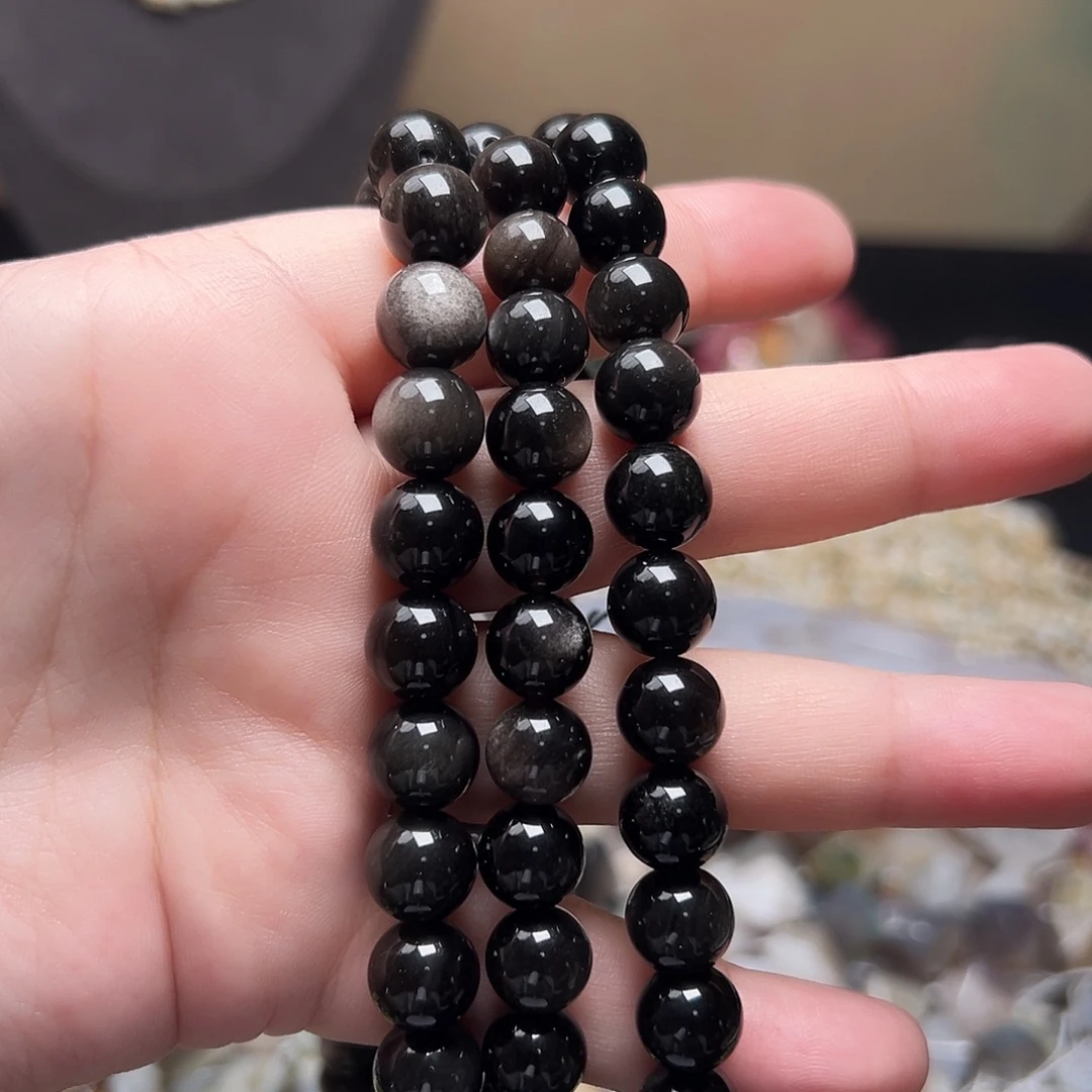 玛瑙/玉髓合金珠宝半成品D784，10mm天然银耀石一条