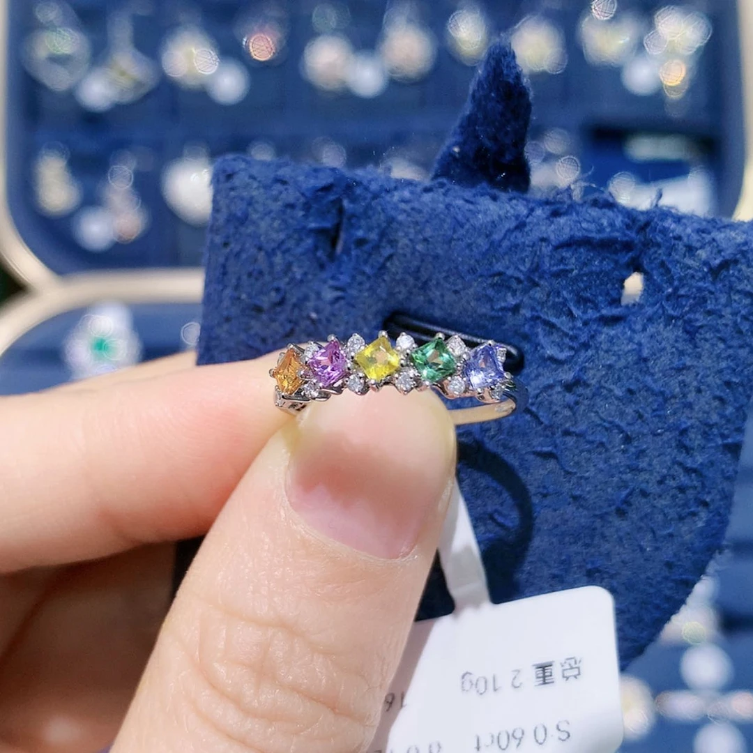 【闪购商品】戒指彩色蓝宝石铂Pt950镶嵌彩虹排戒