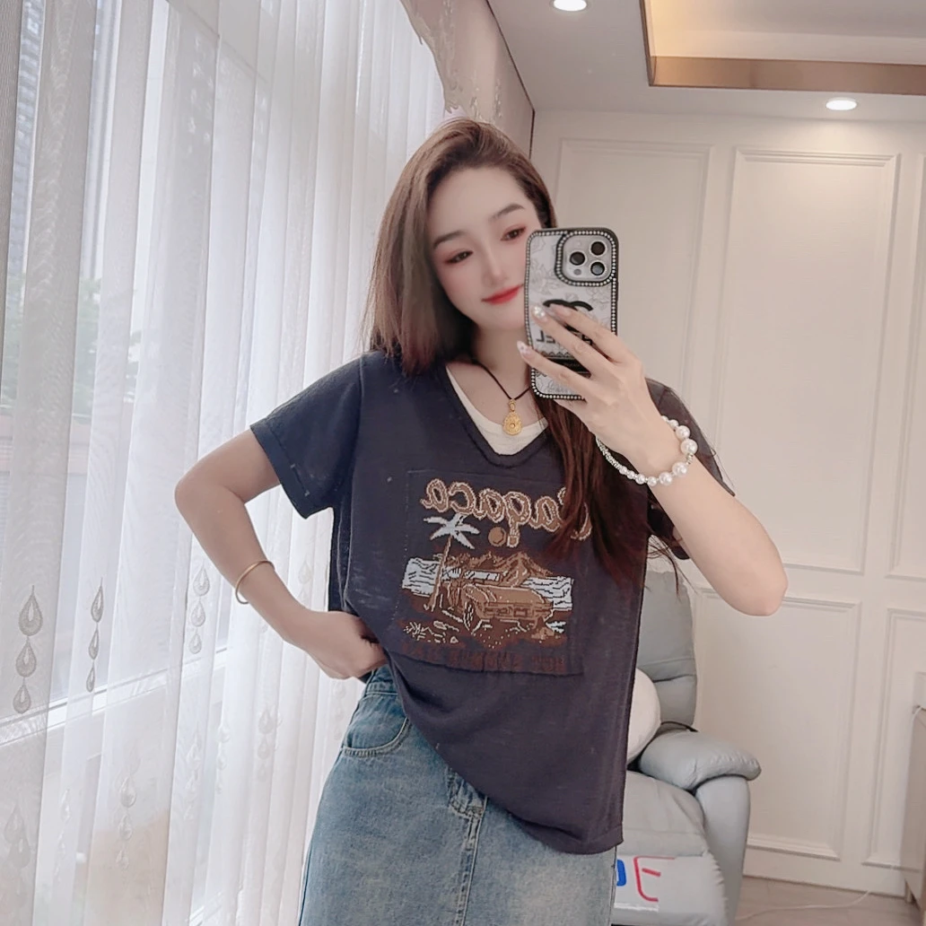 2586现货夏季针织衫套头短袖宽松女装卡通提花椰树显瘦时尚上衣