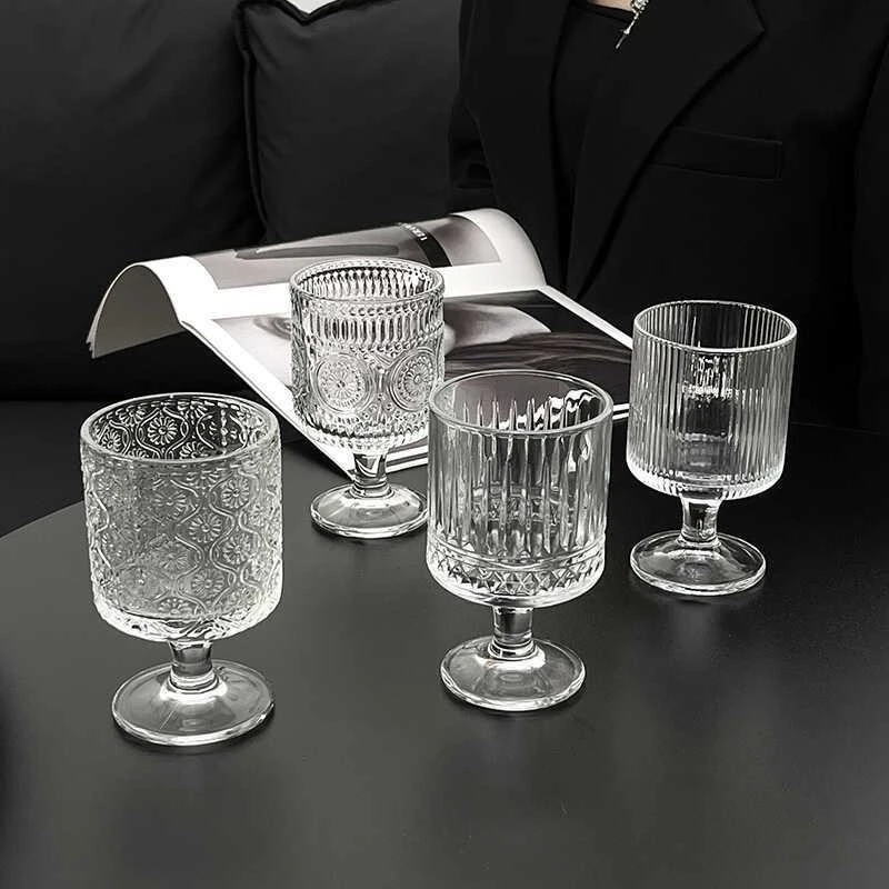 【4个】混合花纹高脚杯加厚家用高颜值ins果茶饮料红酒杯玻璃水杯