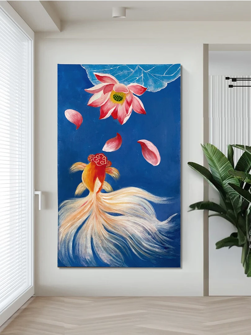 手绘油画来图定制新中式玄关装饰画荷花九鱼图寓意好客厅过道壁画