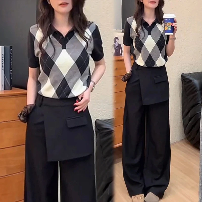 2025夏季新款法式正肩短袖针织衫女Polo领格纹打底衫洋气短款上衣