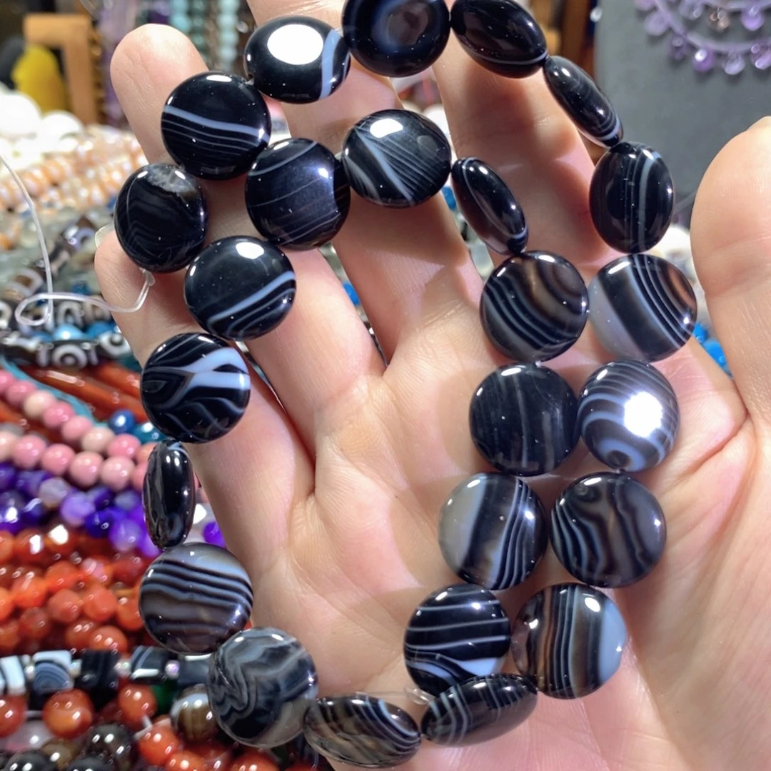 未镶嵌玛瑙/玉髓珠宝半成品黑蚕丝玛瑙圆饼一条卡16mm