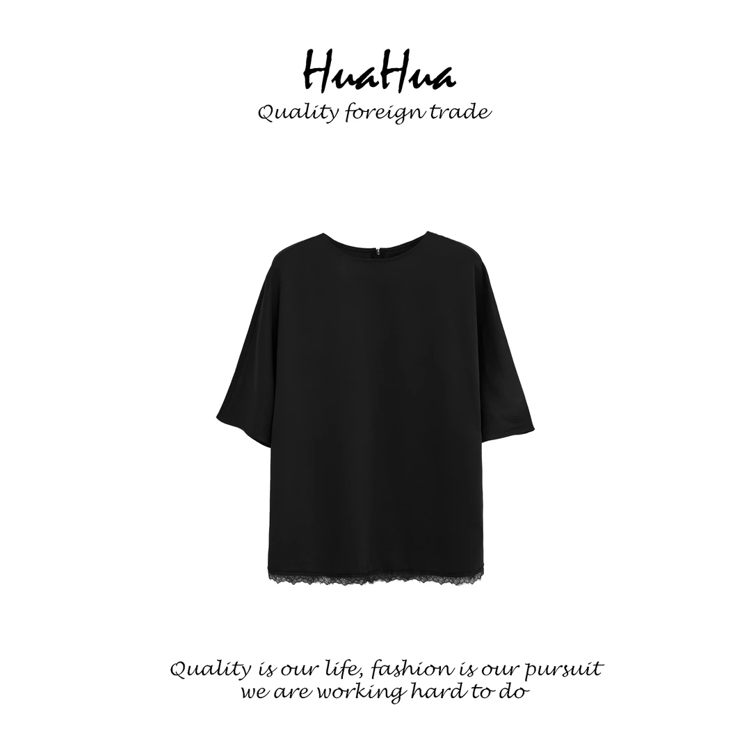 HUAHUA 【千金衫】醋酸蕾丝T恤拼接圆领立体剪裁隐形拉链