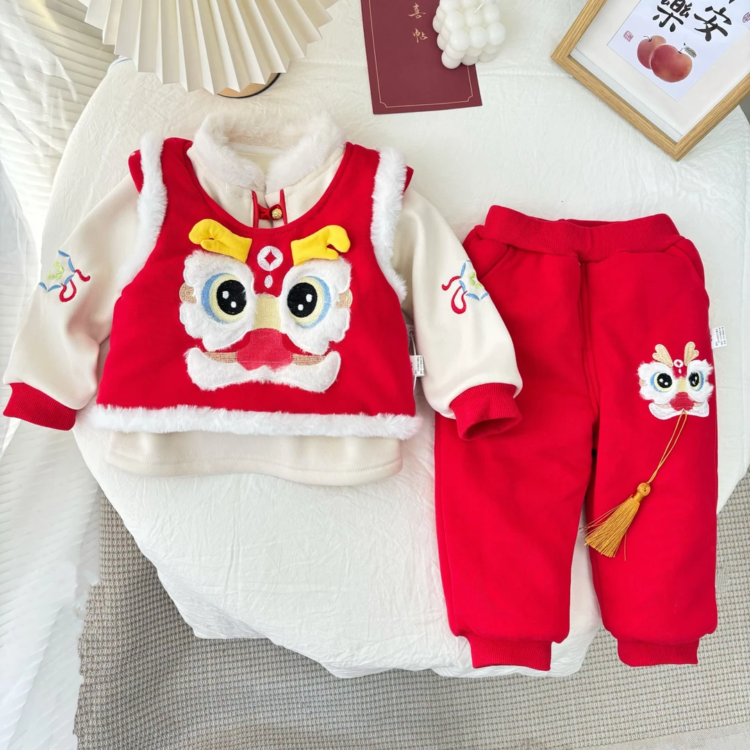 儿童新款男童女童套装冬季唐装加绒三件套中国新年拜年服M-B-D79