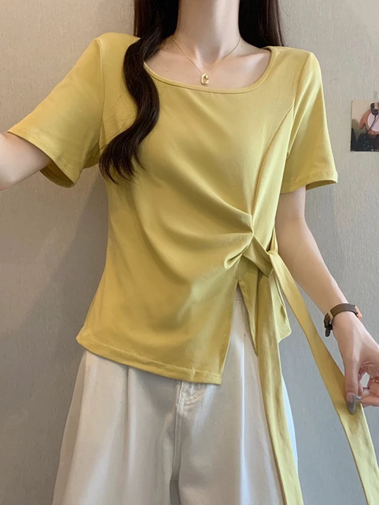大码不规则正肩短袖女t恤夏季2025新款胖mm显瘦开叉收腰短款上衣