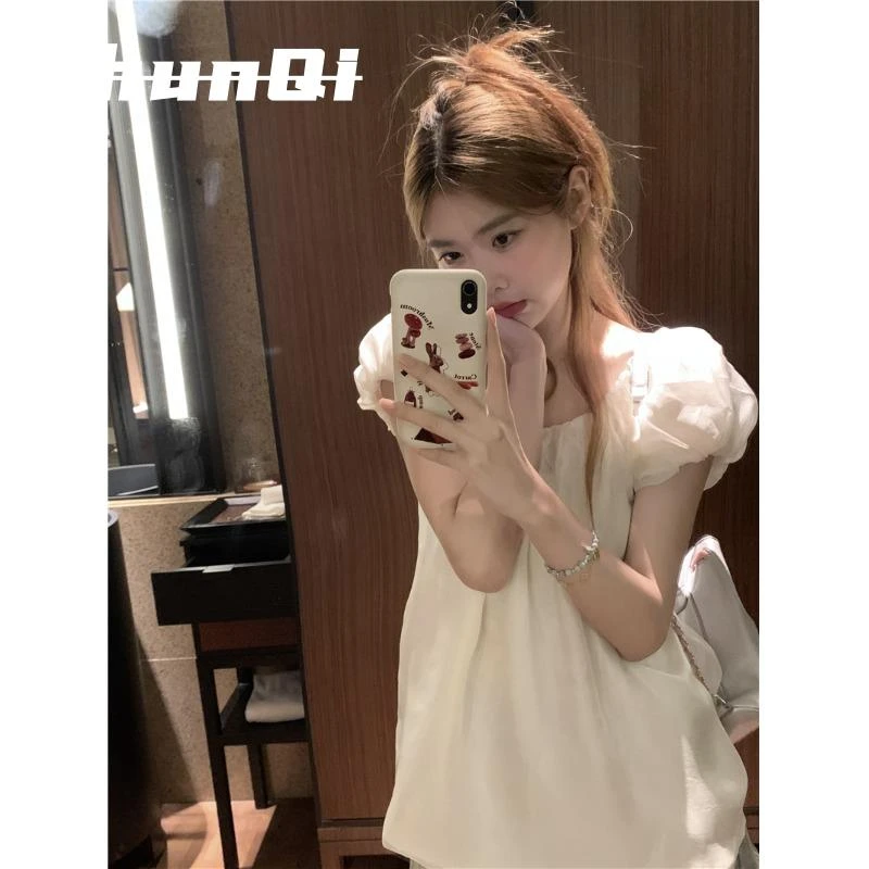 淳启法式方领纯色泡泡袖衬衫女夏季新款甜美气质宽松显瘦套头上衣