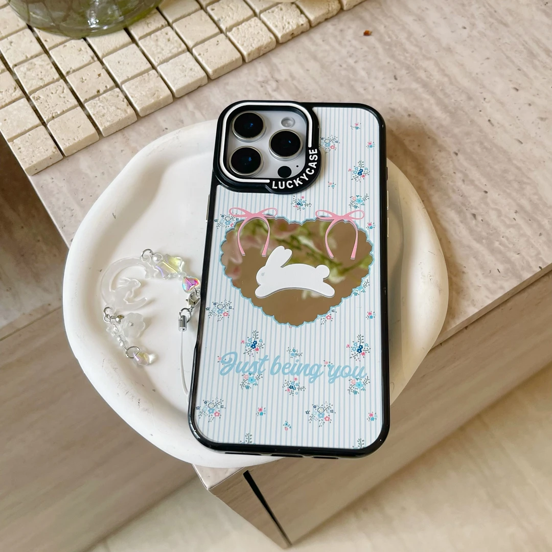 ins风镜面碎花小兔适用苹果16pro手机壳iPhone15防摔14少女13新款