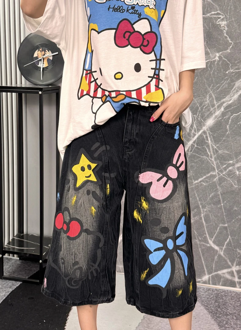 GG潮牌猫涂鸦女士七分牛仔裤宽松直筒裤时尚显瘦百搭款
