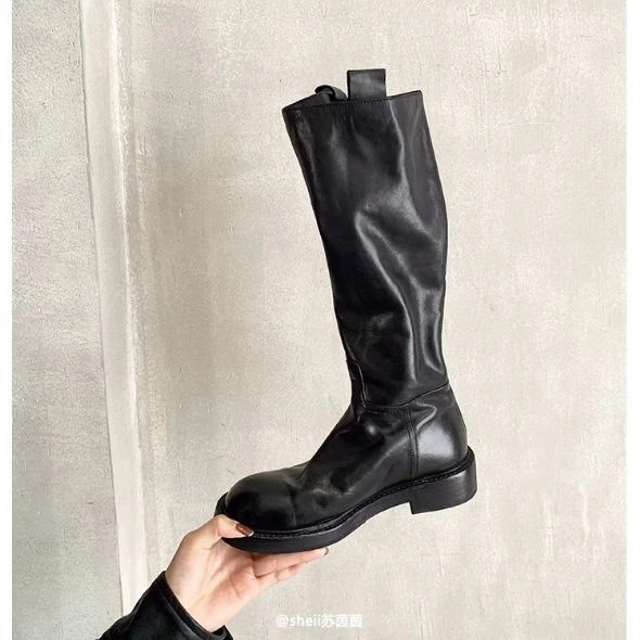 现货秒发！时尚百搭新款水洗褶皱拉链粗跟厚底高筒长靴女骑士靴