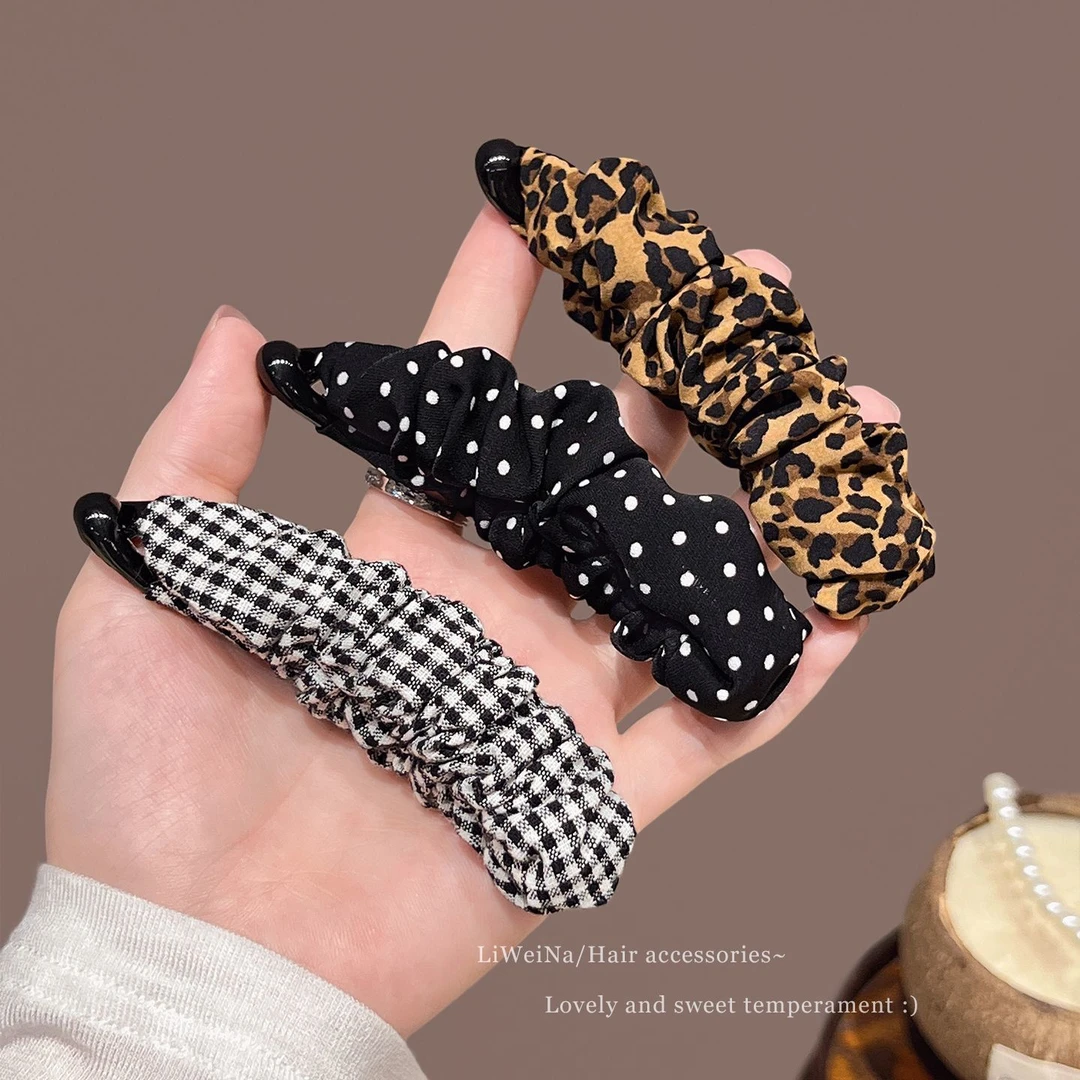 韩系豹纹波点香蕉夹女高马尾固定竖夹后脑勺扭扭夹青蛙扣头饰发卡