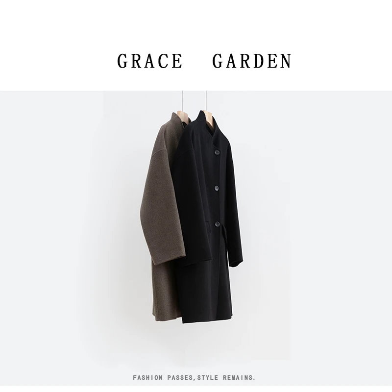 GRACE GARDEN【260】交叠领大衣！中长交叠领双口袋毛呢大衣MF4I0323