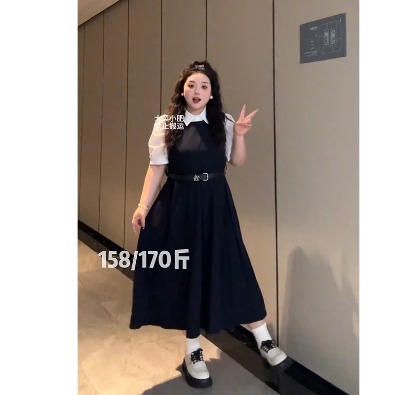 大码学院风短袖上衣半身裙夏季微胖显瘦两件套