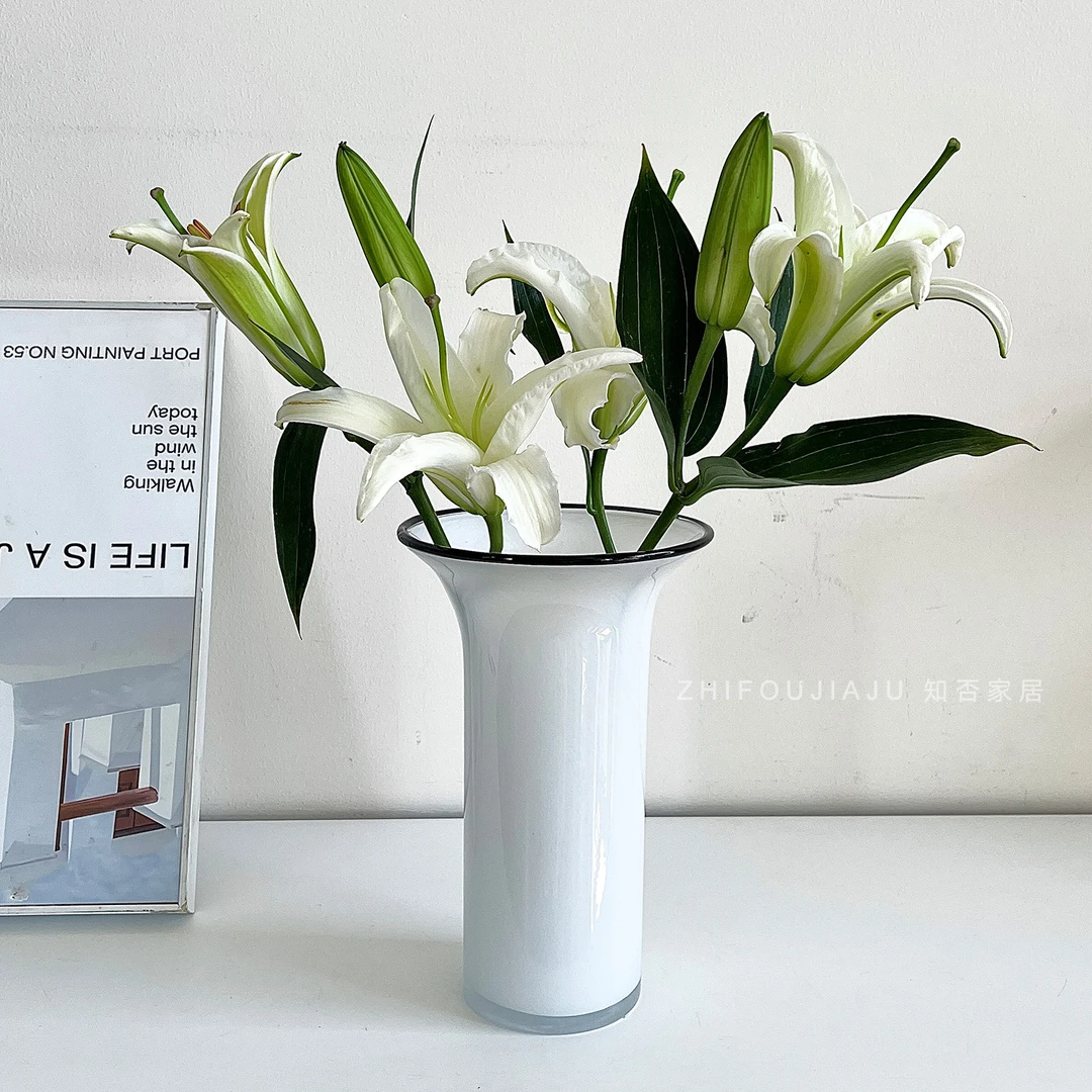 中古芬顿琉璃玻璃花瓶敞口大口径装饰摆件玄关客厅白色鲜花插花器