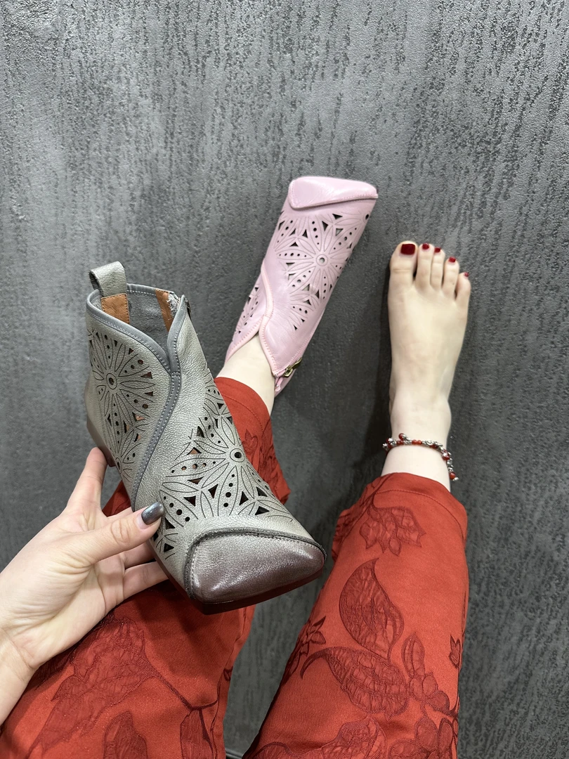 复古高帮真皮镂空凉靴时装凉鞋方头透气时尚民族风女鞋