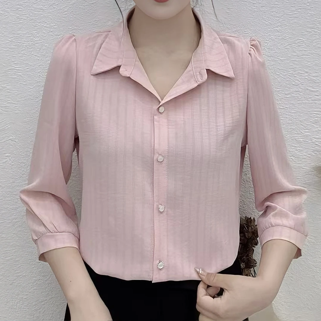 春夏季新款竖条纹衬衫百搭显瘦减龄洋气翻领衬衣女七分袖上衣开衫