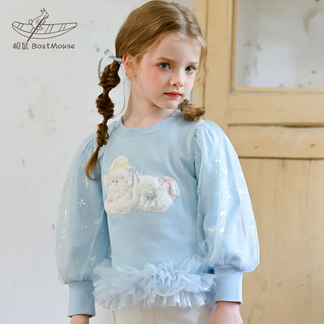 船鼠女童卫衣纯棉灯笼袖网纱下摆圆领套头卡通儿童女宝宝上衣春秋
