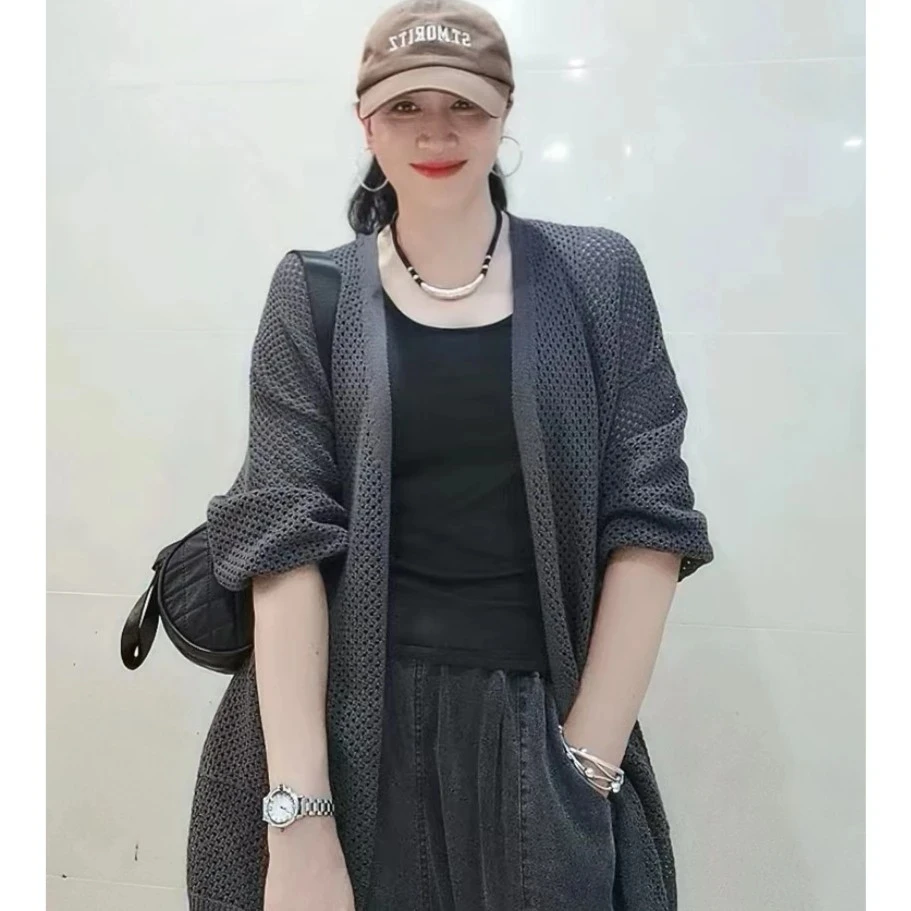 AIXINRUI 68689  胖mm韩版时尚百搭宽松慵懒风镂空开衫