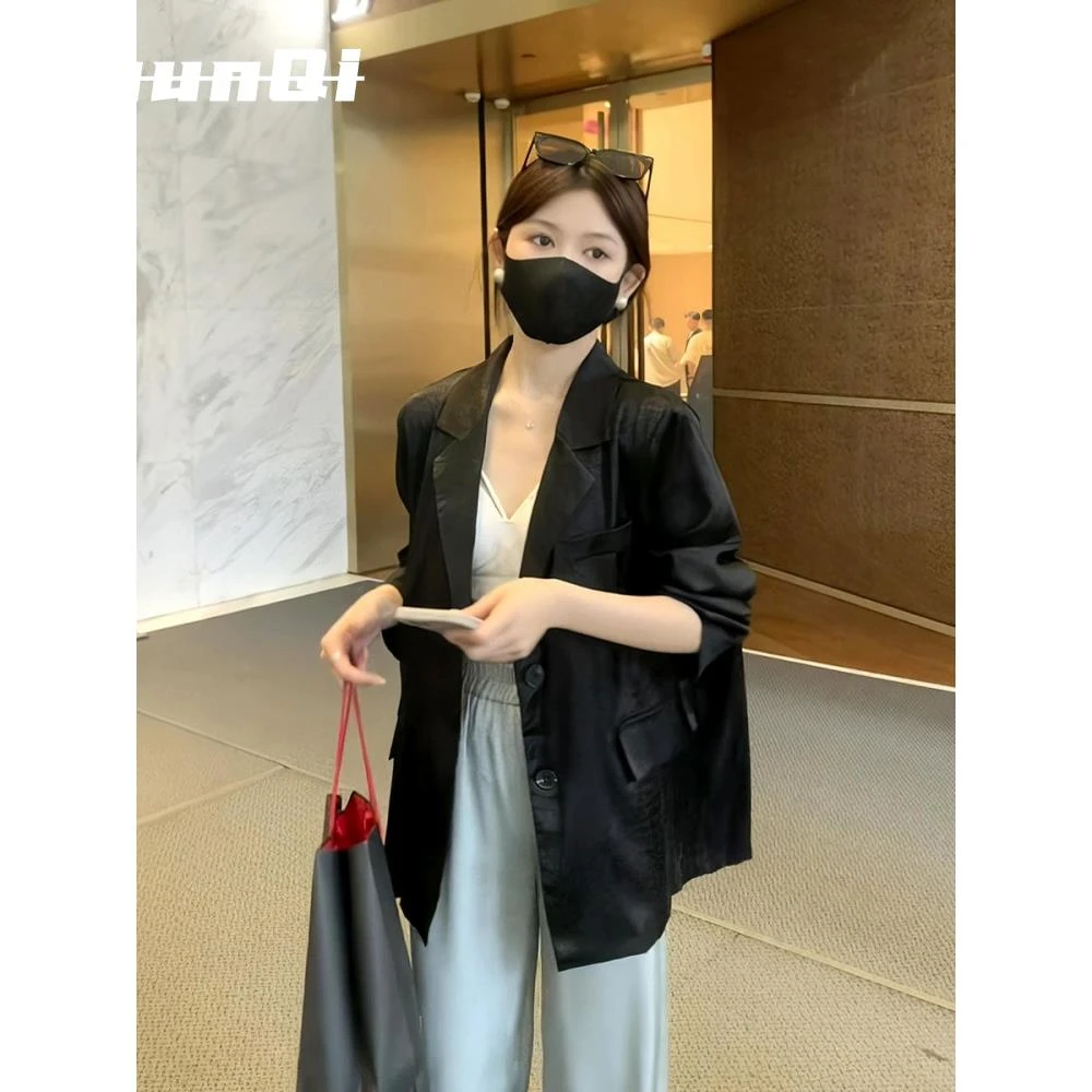 淳启夏季薄款西装外套女高级感通勤百搭显瘦休闲宽松缎面长袖西服