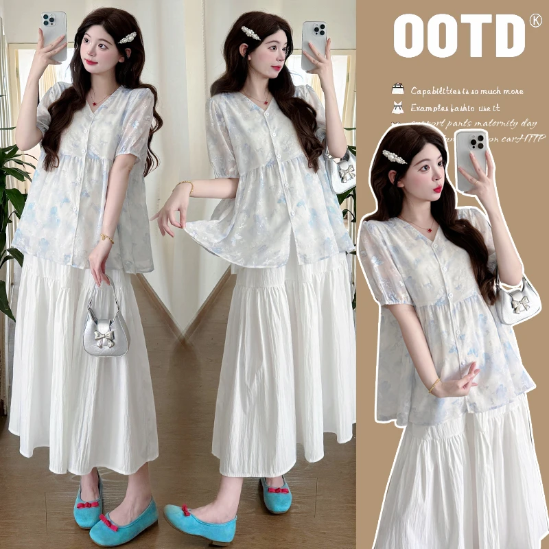 2025孕妇夏装宽松小清新闪闪蝴蝶衬衫娃娃衫上衣+半身裙套装