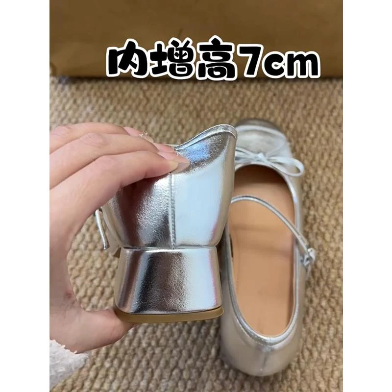 羊皮版~真皮粗跟小个子内浅口银色单鞋百搭女蝴蝶结玛丽珍高跟鞋