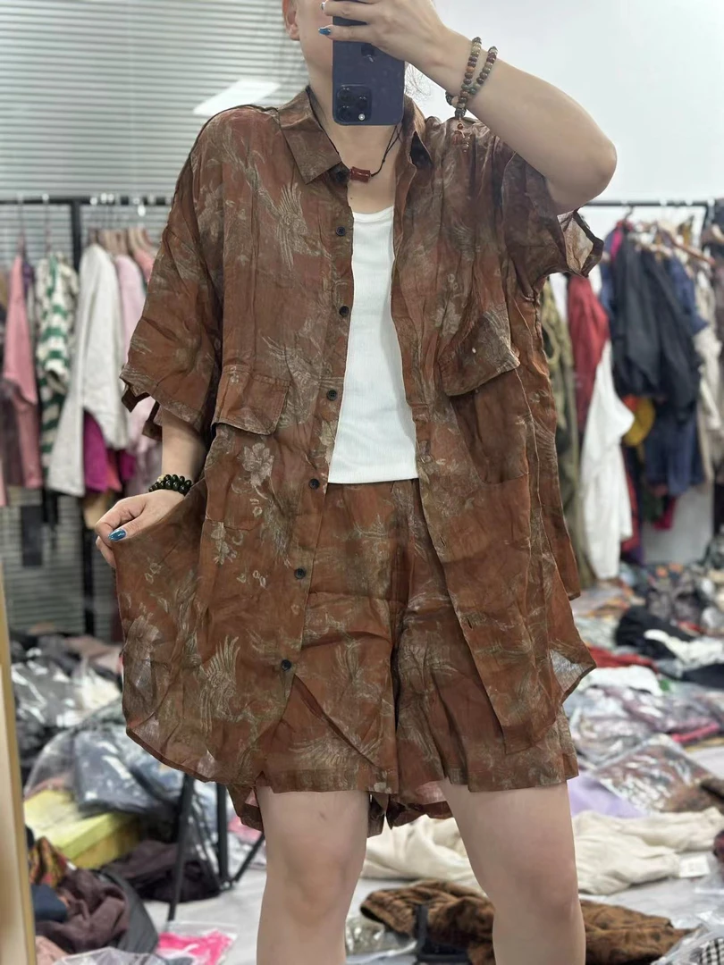 HY    苎麻咖底印花衬衫套装