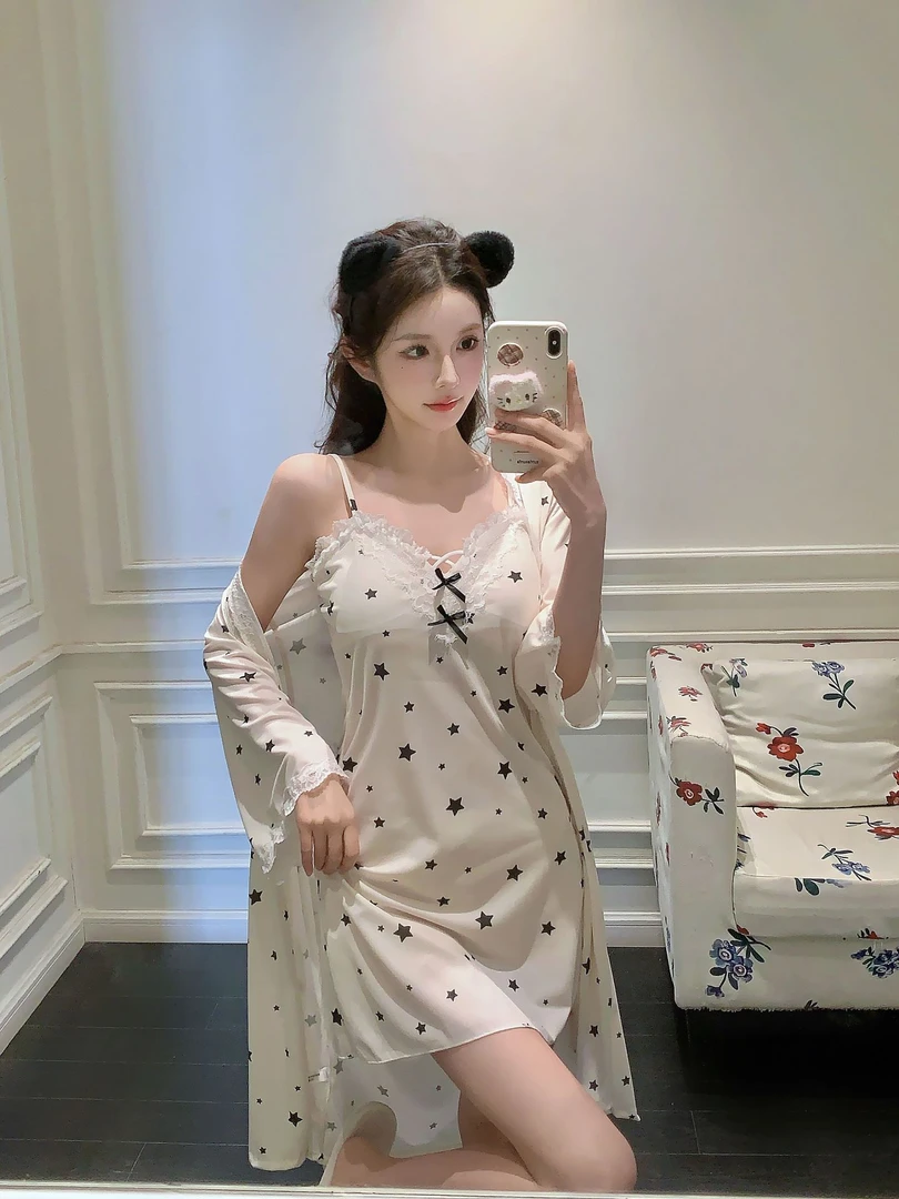 春夏季日系甜美吊带睡袍女士性感薄款吊带冰丝睡裙纯欲风睡袍长袖
