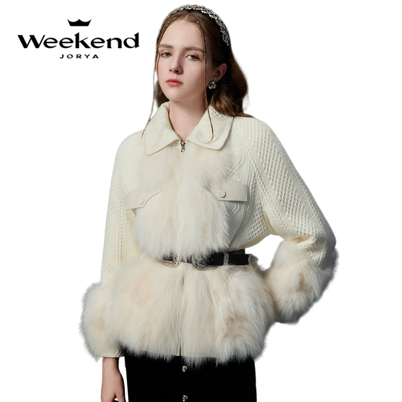 卓雅周末2023冬季新款翻领扭花针织拼接狐狸毛皮草短外套EJWDDM49