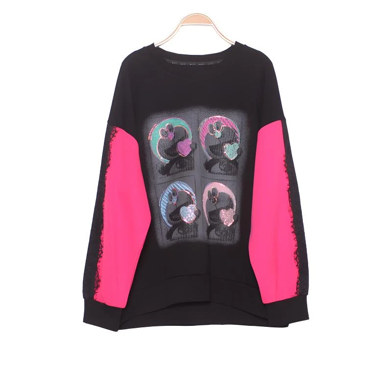 卡通印花卫衣时尚潮流拼接大码显瘦宽松减龄休闲百搭春季新款上衣