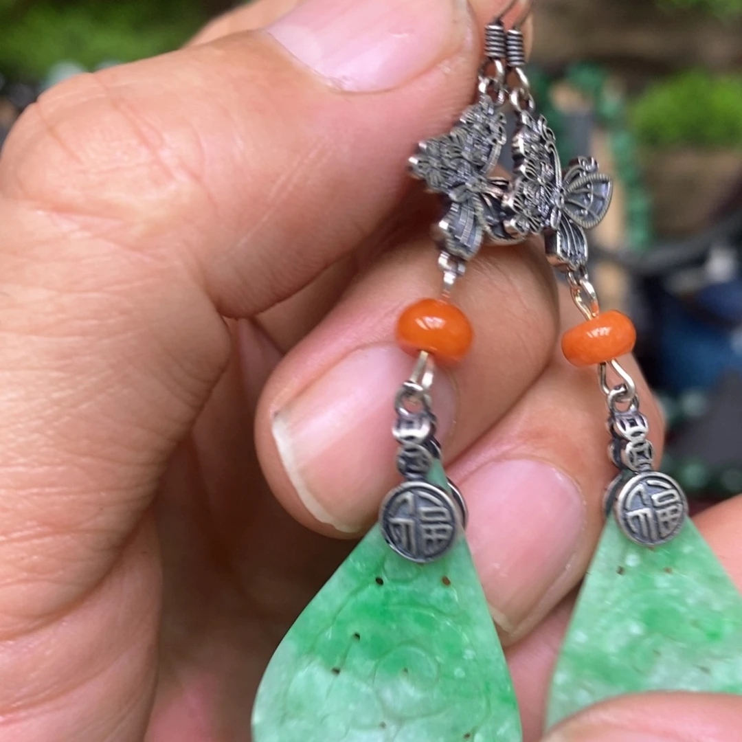 翡翠耳饰银S925镶嵌漂亮美眉