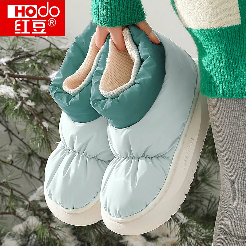 红豆棉拖鞋男女款冬季羽绒布防水防滑高帮加绒厚底保暖雪地靴外穿