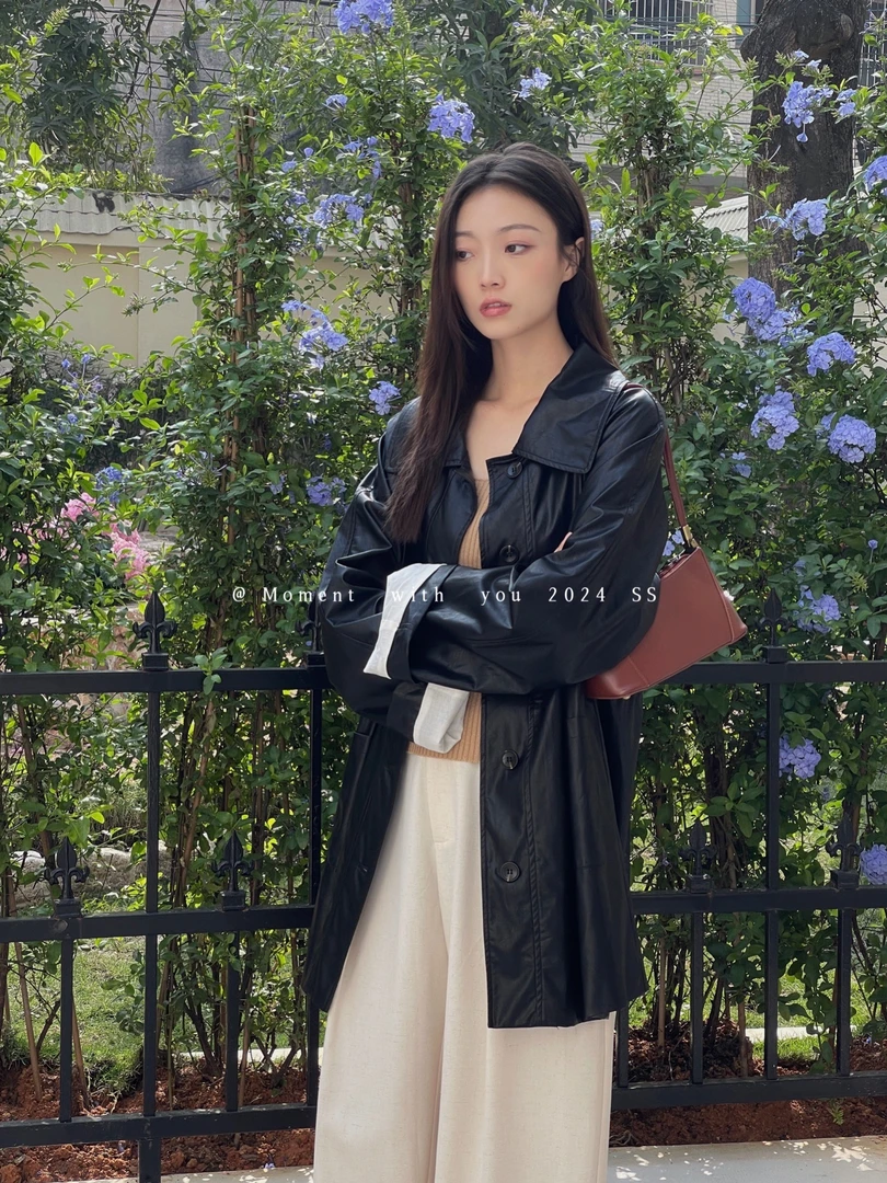 Moment（66016#）复古翻领气质皮面外套