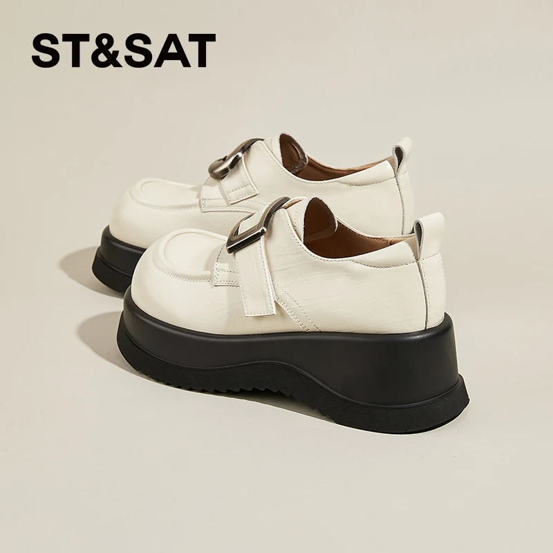 星期六真皮白色厚底复古乐福鞋女鞋2025春季新款单鞋英伦风小皮鞋